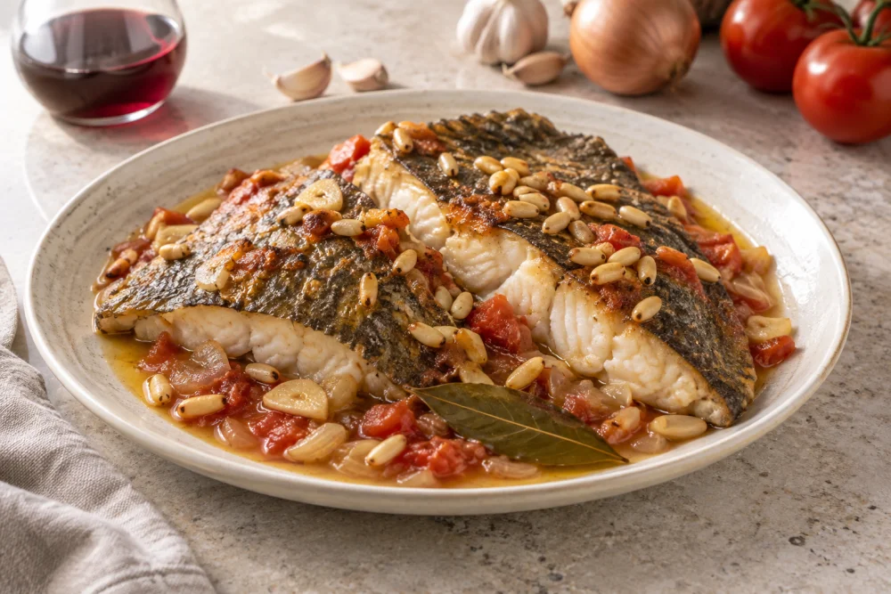 Rodaballo con piñones al horno
