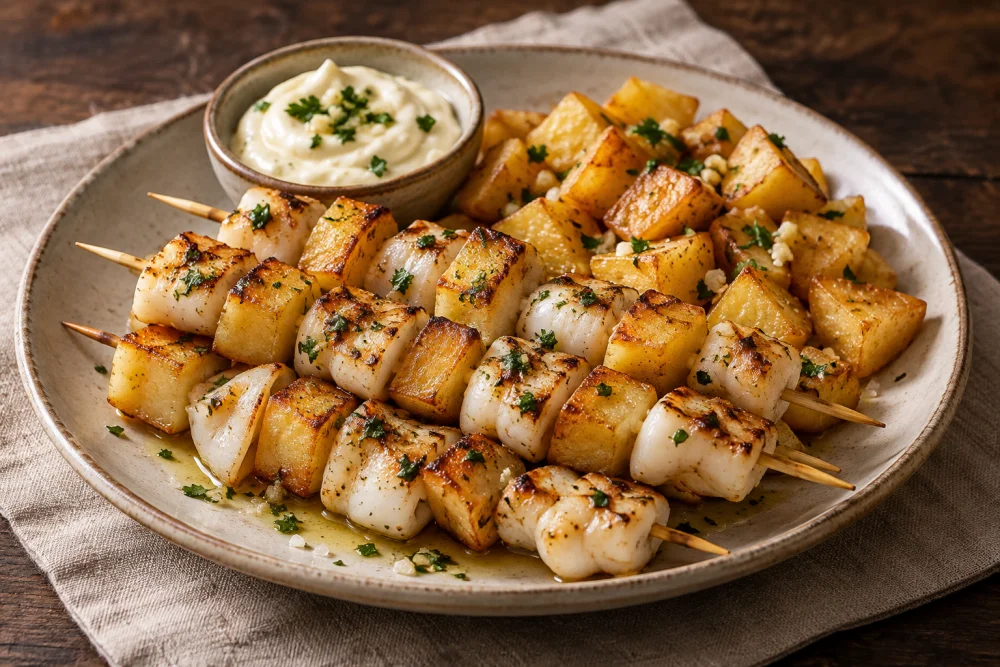 Brochetas de sepia con patatas ali oli