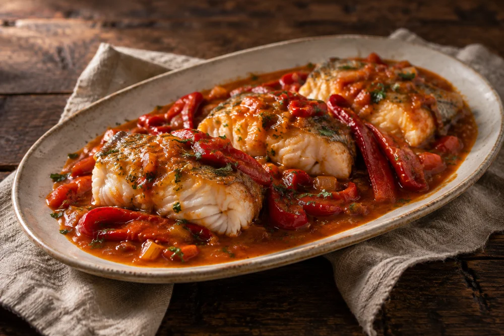 Pescadilla al horno con salsa de pimientos choriceros