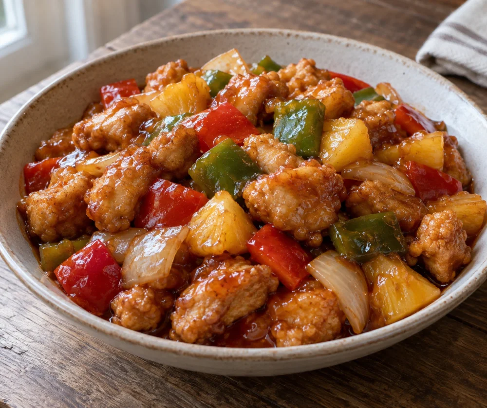 Pollo agridulce con pimientos y piña