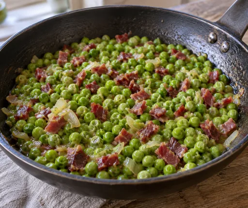 Guisantes con jamón en sartén