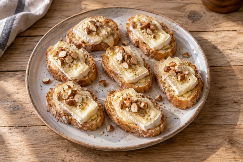 Canapés de queso brie con almendras.