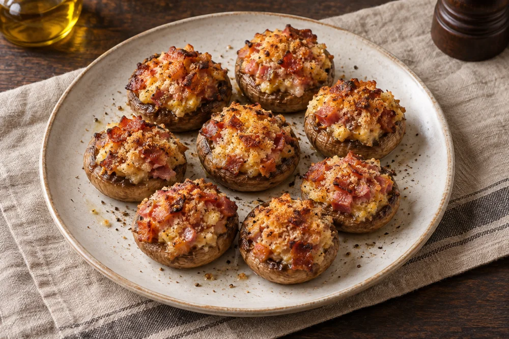 Champiñones rellenos de jamón y bacon.