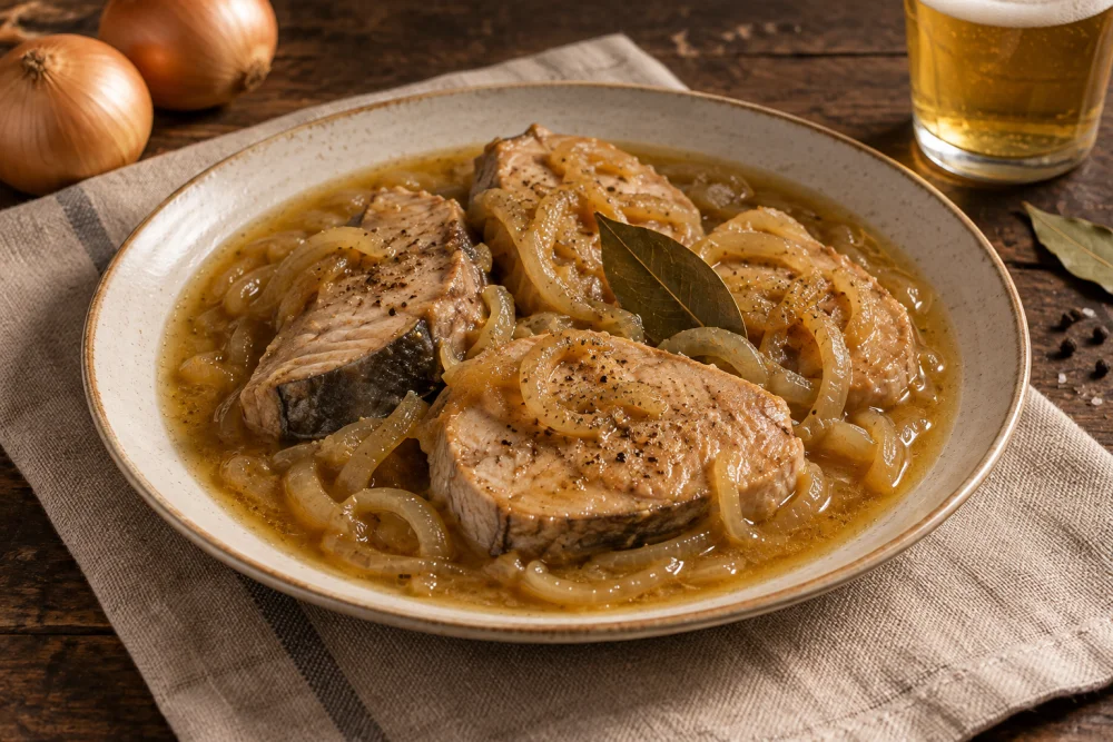 Atún encebollado con cerveza