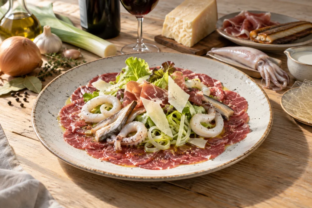 Carpaccio de buey con crujiente de calamar