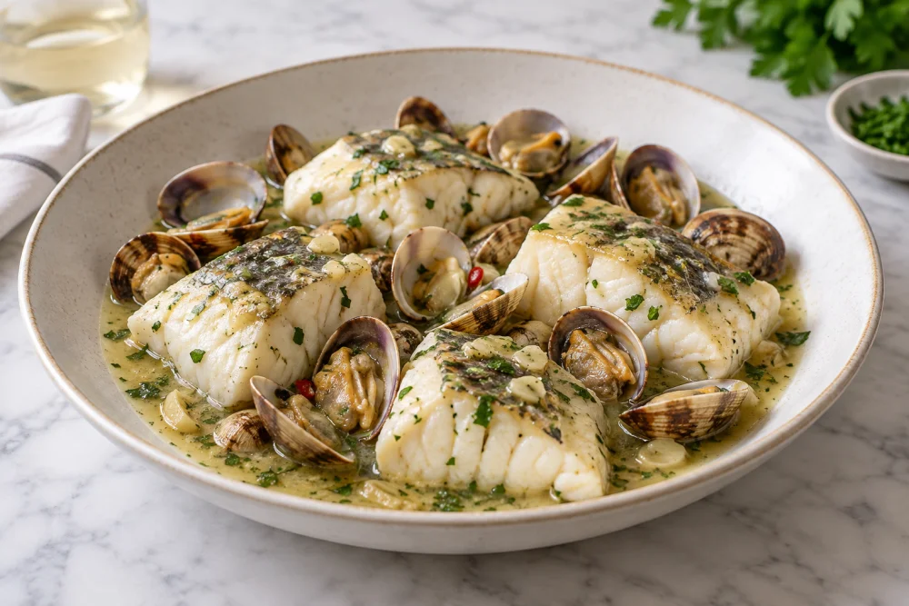 Bacalao en salsa verde con almejas: lomos al punto y salsa ligada
