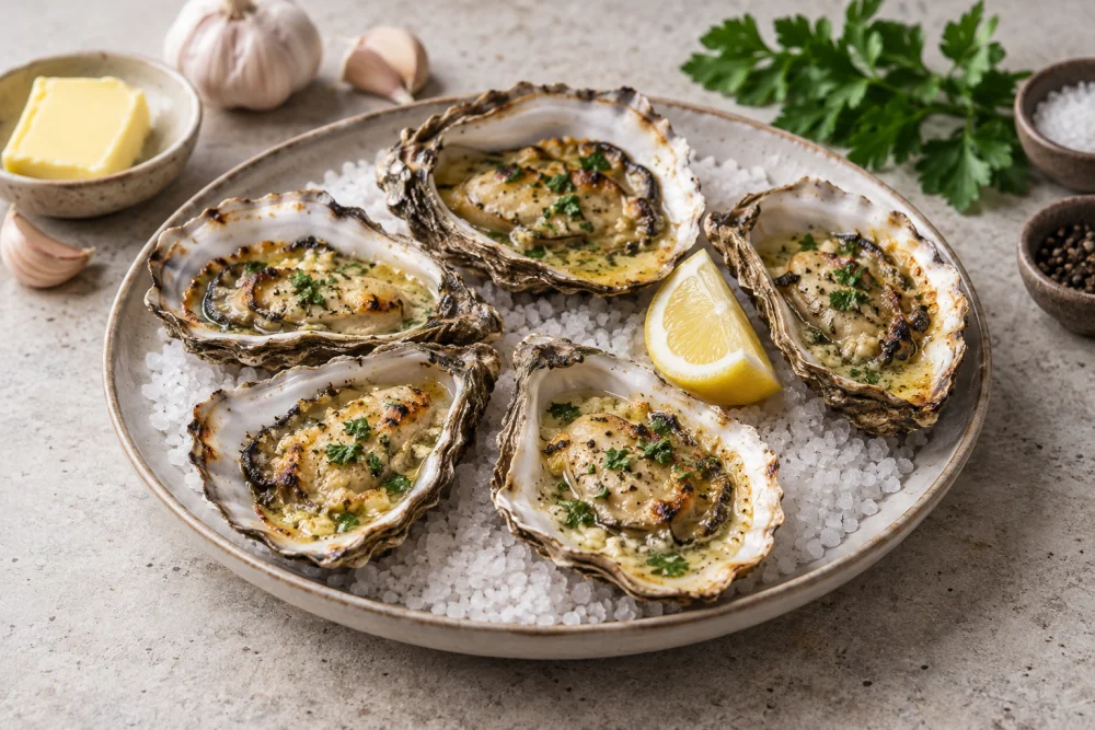 Ostras a la plancha con mantequilla de ajo
