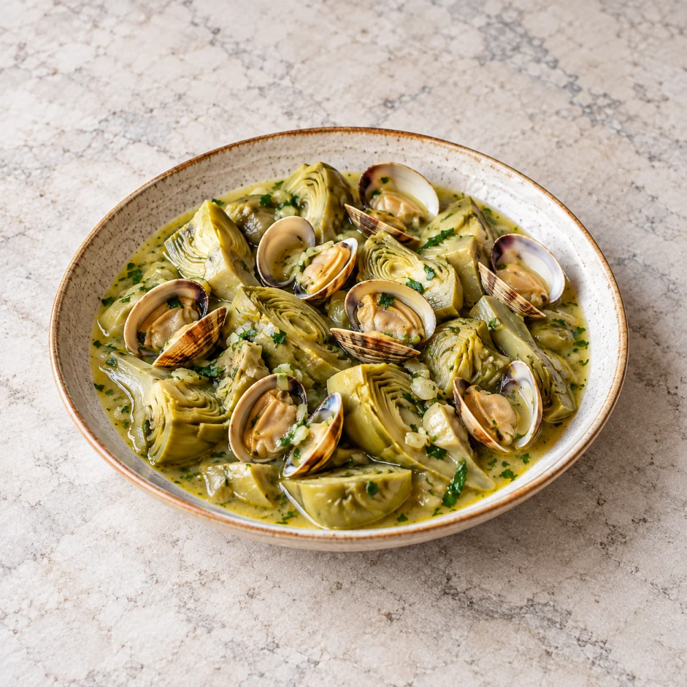 Alcachofas con almejas en salsa verde