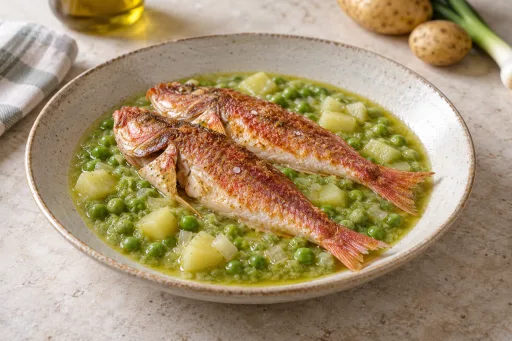 Salmonetes sobre crema de guisantes
