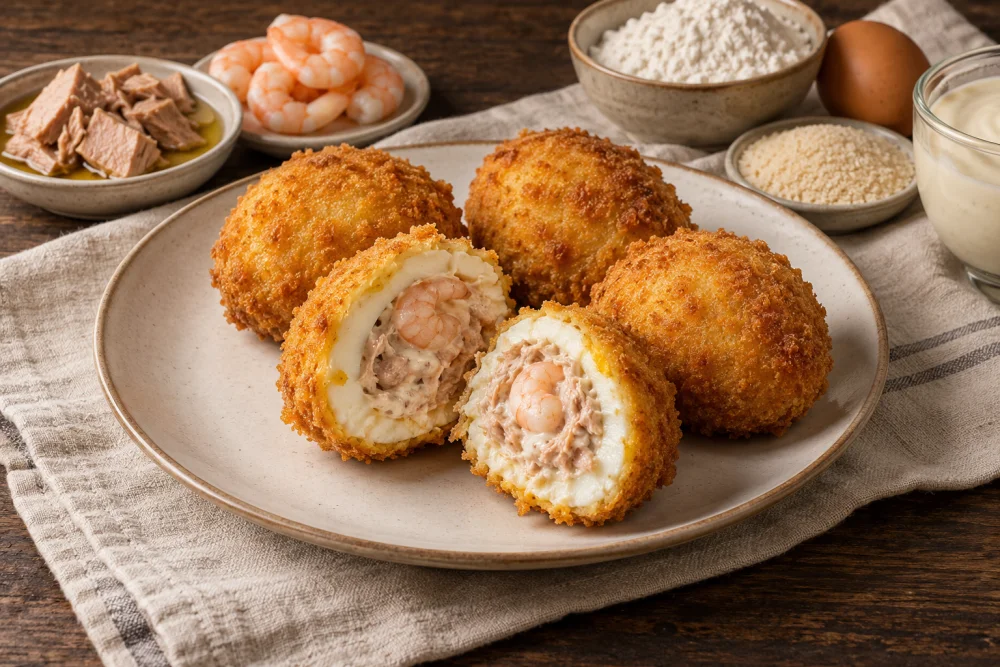 Huevos empanados rellenos de atun y gambas