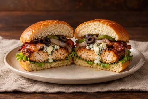 Hamburguesa de pollo con salsa roquefort