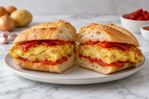 Bocadillo de tortilla y pimientos de piquillo