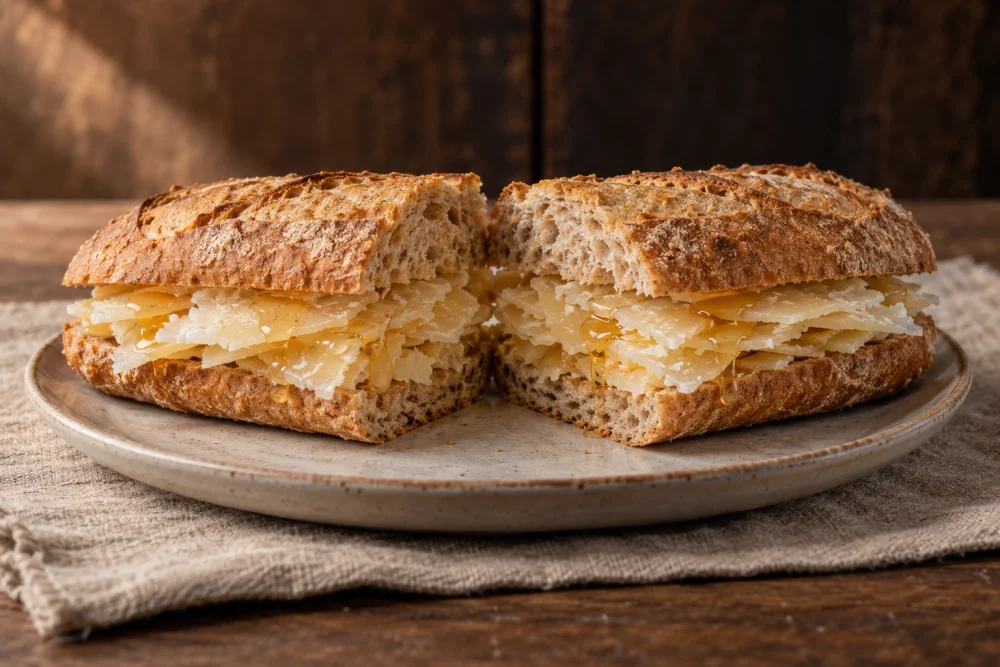 Bocadillo de queso parmesano con miel