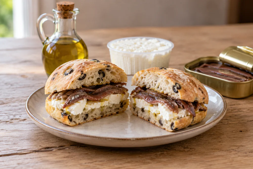 Bocadillo de anchoas y queso fresco