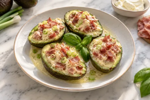 Aguacates rellenos de crema de queso Mascarpone y jamón braseado