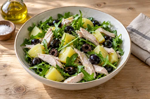 Ensalada de patata, rúcula, aceitunas negra y pechuga de pavo