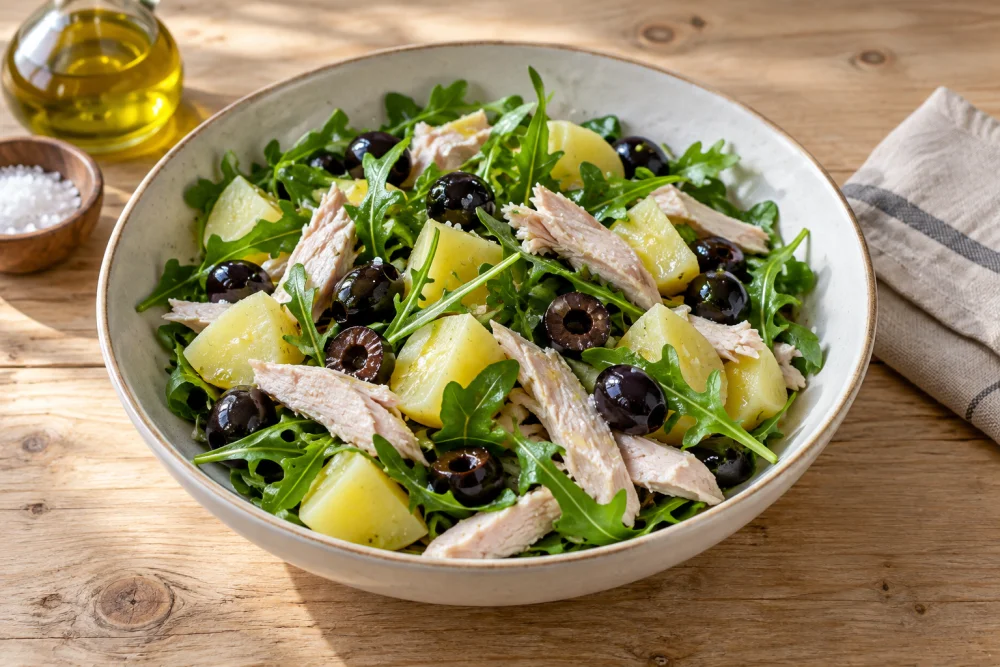 Ensalada de patata, rúcula, aceitunas negra y pechuga de pavo