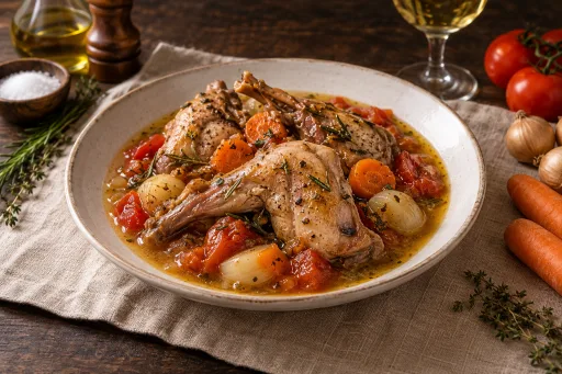 Conejo al vino blanco con verduras