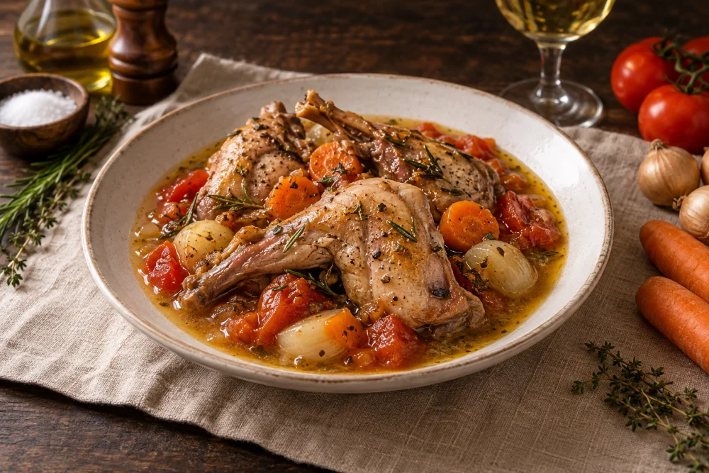 Conejo al vino blanco con verduras