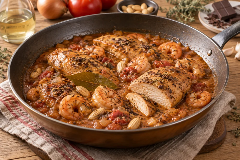 Pechugas de pollo con gambones y al vino blanco