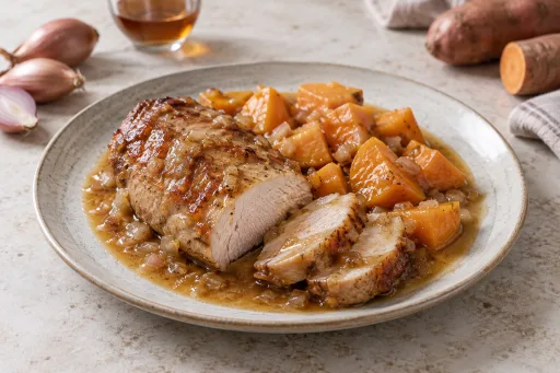 Lomo con batatas cocidas con vino