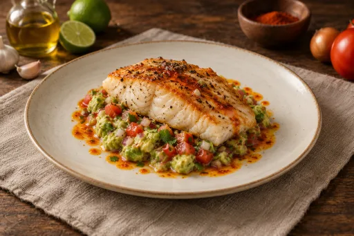 Abadejo con salsa guacamole y aceite rojo