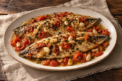 Caballa con almendras y al horno