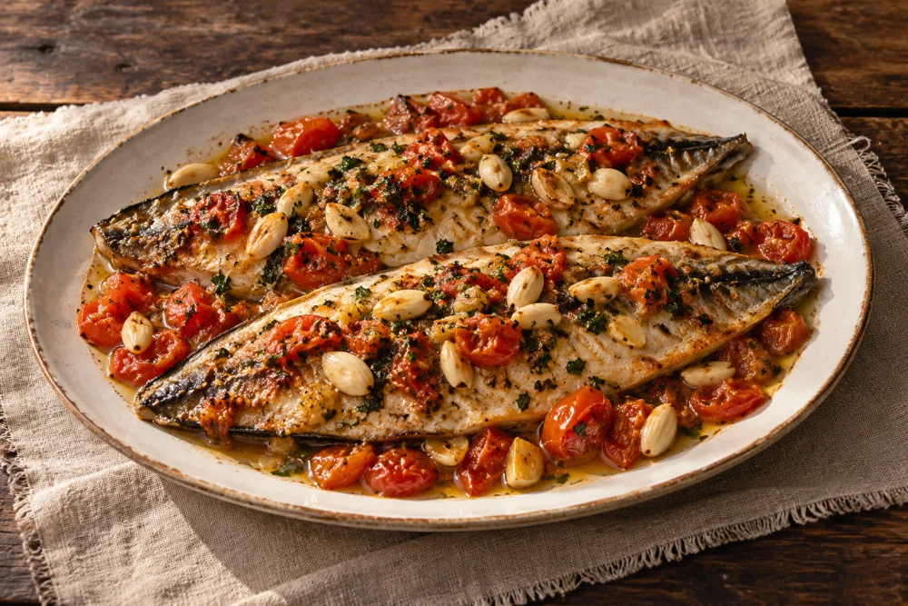 Caballa con almendras y al horno