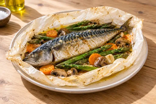 Caballa con verduras al papillote