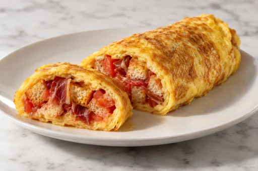 Tortilla rellena de pan blanco integral con tomate y  jamón.