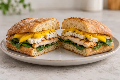 Bocadillo de Pollo a la plancha con espinacas, queso de cabra y mango fresco.