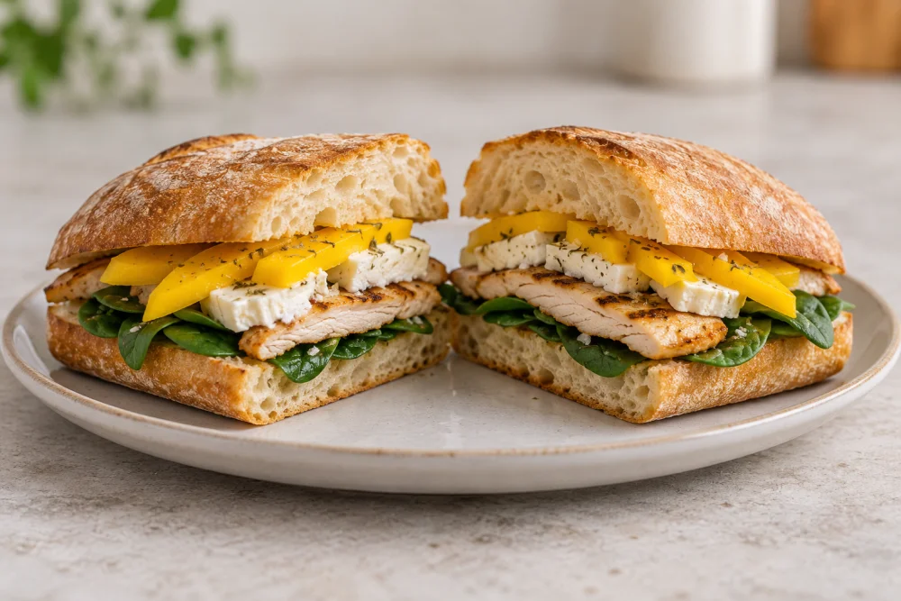 Bocadillo de Pollo a la plancha con espinacas, queso de cabra y mango fresco.