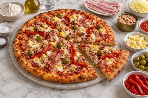 Pizza de masa con panceta y cubierta con salsa de atún