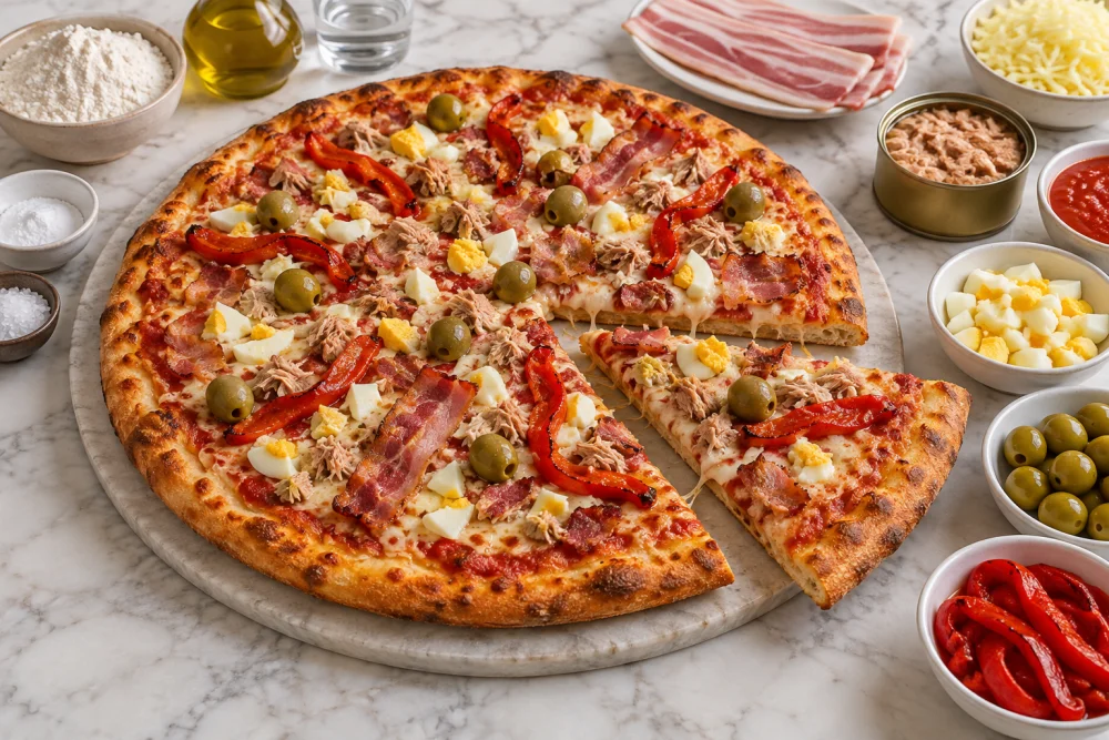 Pizza de masa con panceta y cubierta con salsa de atún