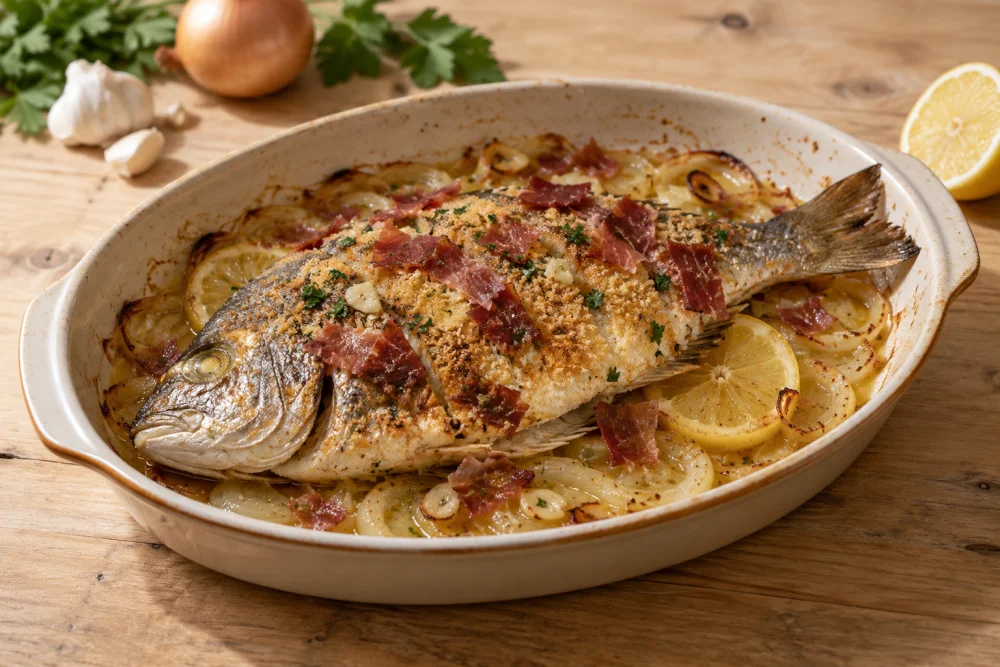 Sargo con limón y jamón al horno