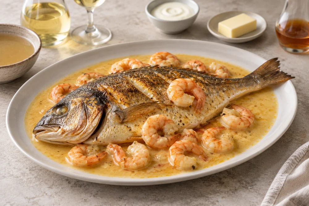 Dorada en salsa de gambas
