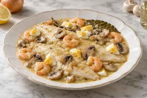Filetes de lenguado con gambas y champiñones