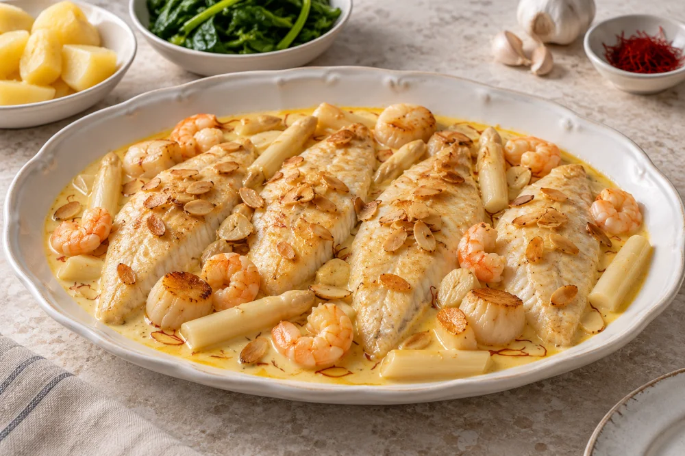 Filetes de Lenguado con almendras y marisco