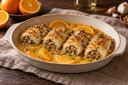 Lenguado relleno y en salsa de naranjas