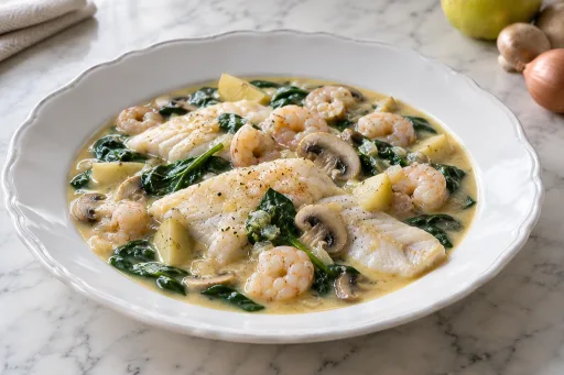 Estofado de filetes de lenguado a la sidra con camarones