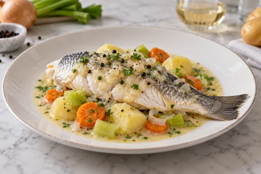 Lubina al vapor de caldo de verduras y salsa de vino blanco