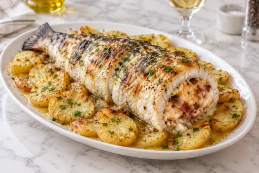 Merluza rellena de langostinos y bacón