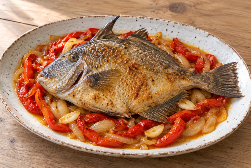Pez Ballesta con fritada de hortalizas