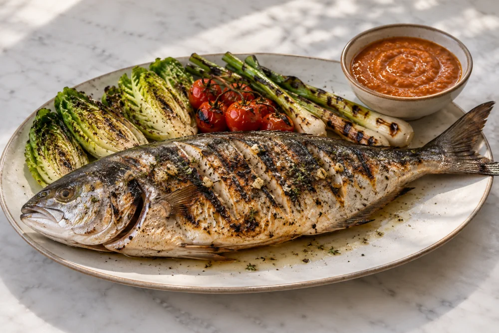 Serviola a la Parrilla con Salsa Romesco