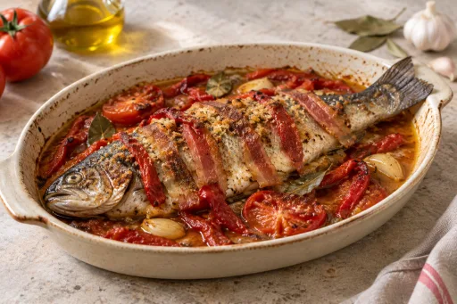 Trucha con piquillos y bacón