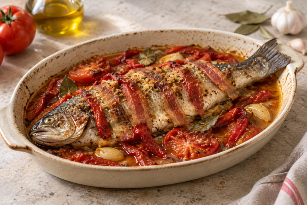 Trucha con piquillos y bacón