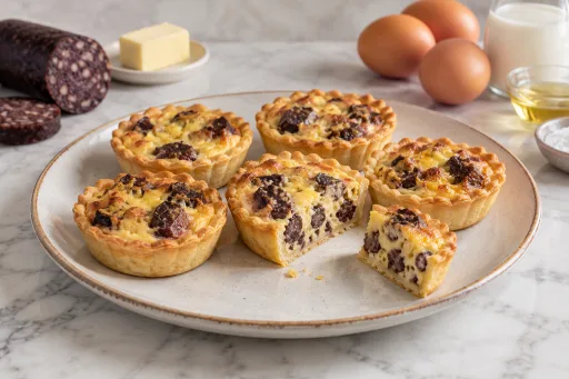 Tartaletas de huevos revueltos con morcilla