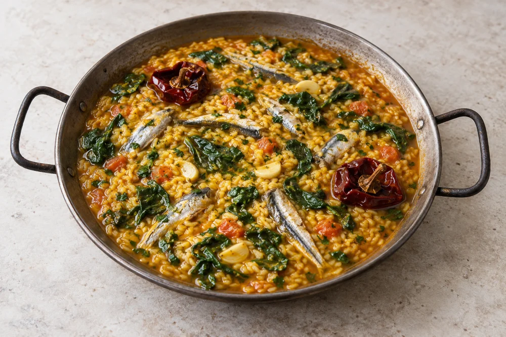 Arroz de boquerones con espinacas
