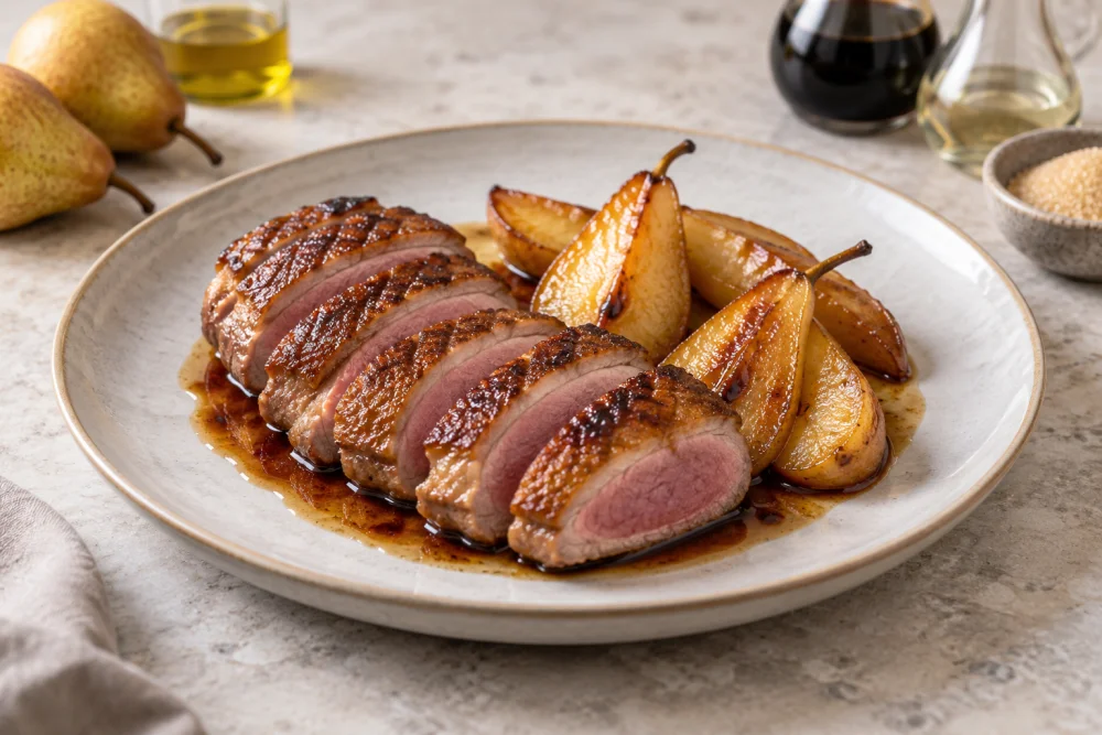 Magret de pato con peras caramelizadas
