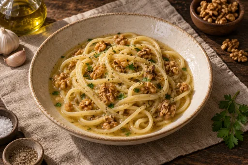 Macarrones salteados con nueces